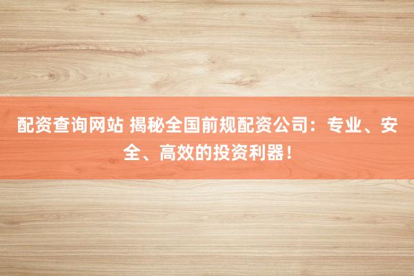 配资查询网站 揭秘全国前规配资公司：专业、安全、高效的投资利器！